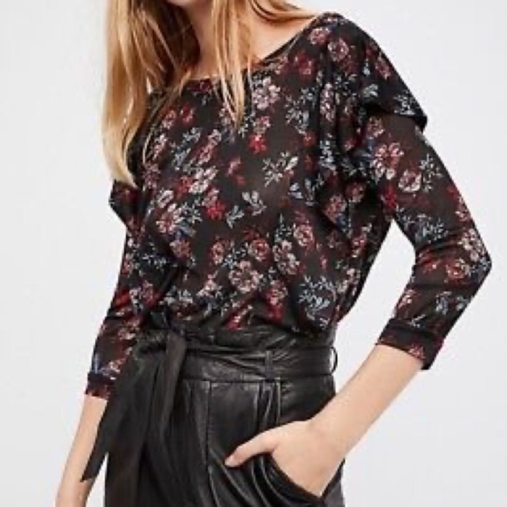 Free People Dock Street Black and Red Floral Top Shirt fall florals ruffles - Picture 2 of 10